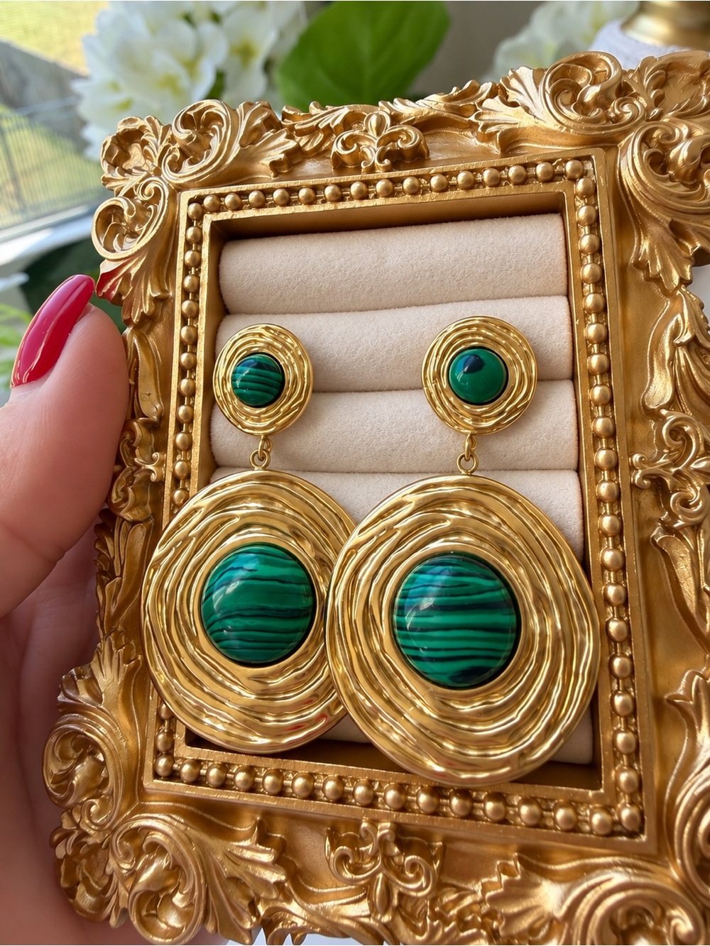 Gold Drop Earrings with Green Stone Accent - Picture 3 of 5